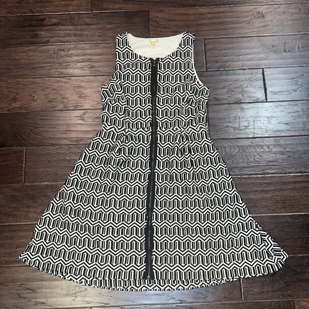 ANTHROPOLOGIE LEIFSDOTTIR Tonnelle Black Cream Geo Zip Fit Flare Dress Sz 8 - Picture 2 of 6